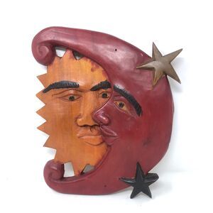 Hand Carved Wood Celestial Sun Moon Folk Art Wall Plaque Hand Painted Boho OOAK